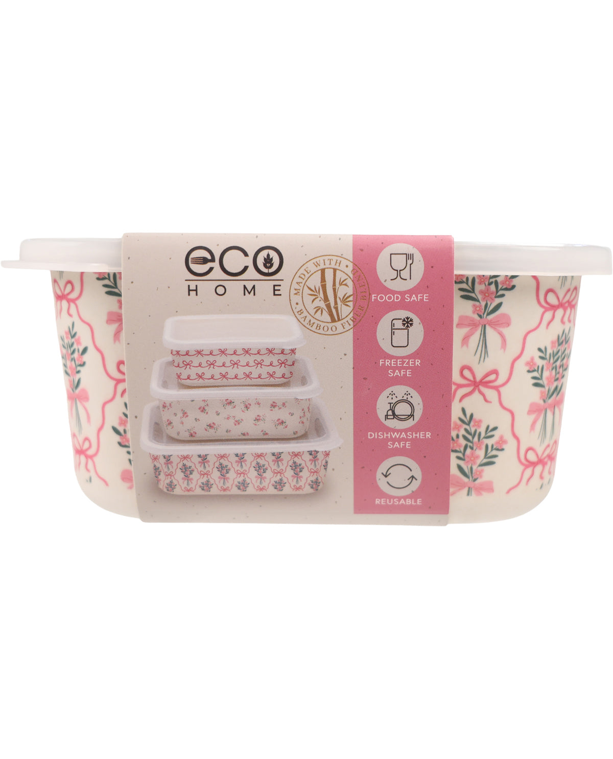 A set of three Eco Home reusable plastic storage containers with a floral pattern, packaged with a pink and white cardboard sleeve showing product features.
