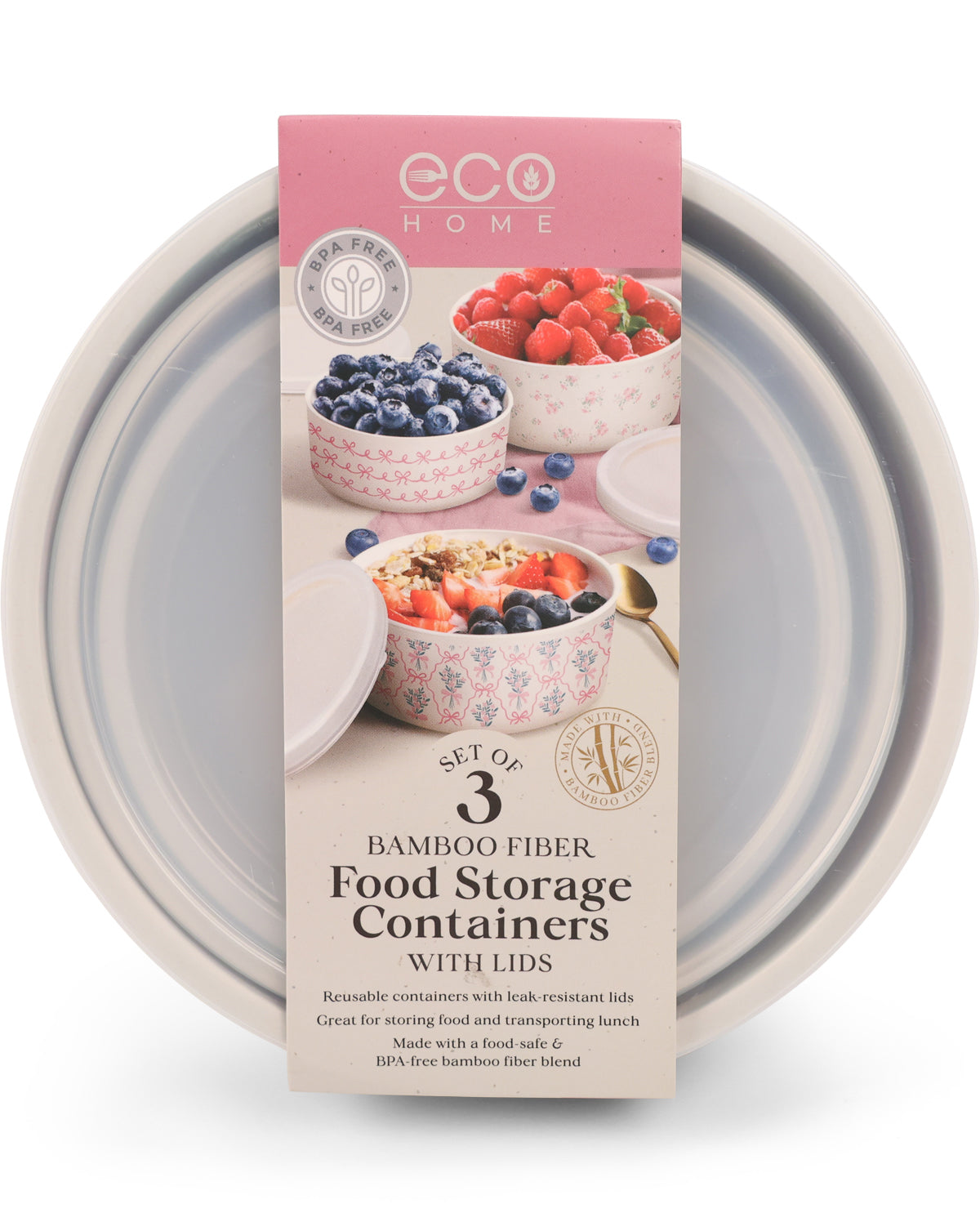 A set of three Eco Home bamboo fiber food storage containers with lids, shown in their retail packaging box. The packaging features a pink header and displays images of the containers filled with berries and cereal.