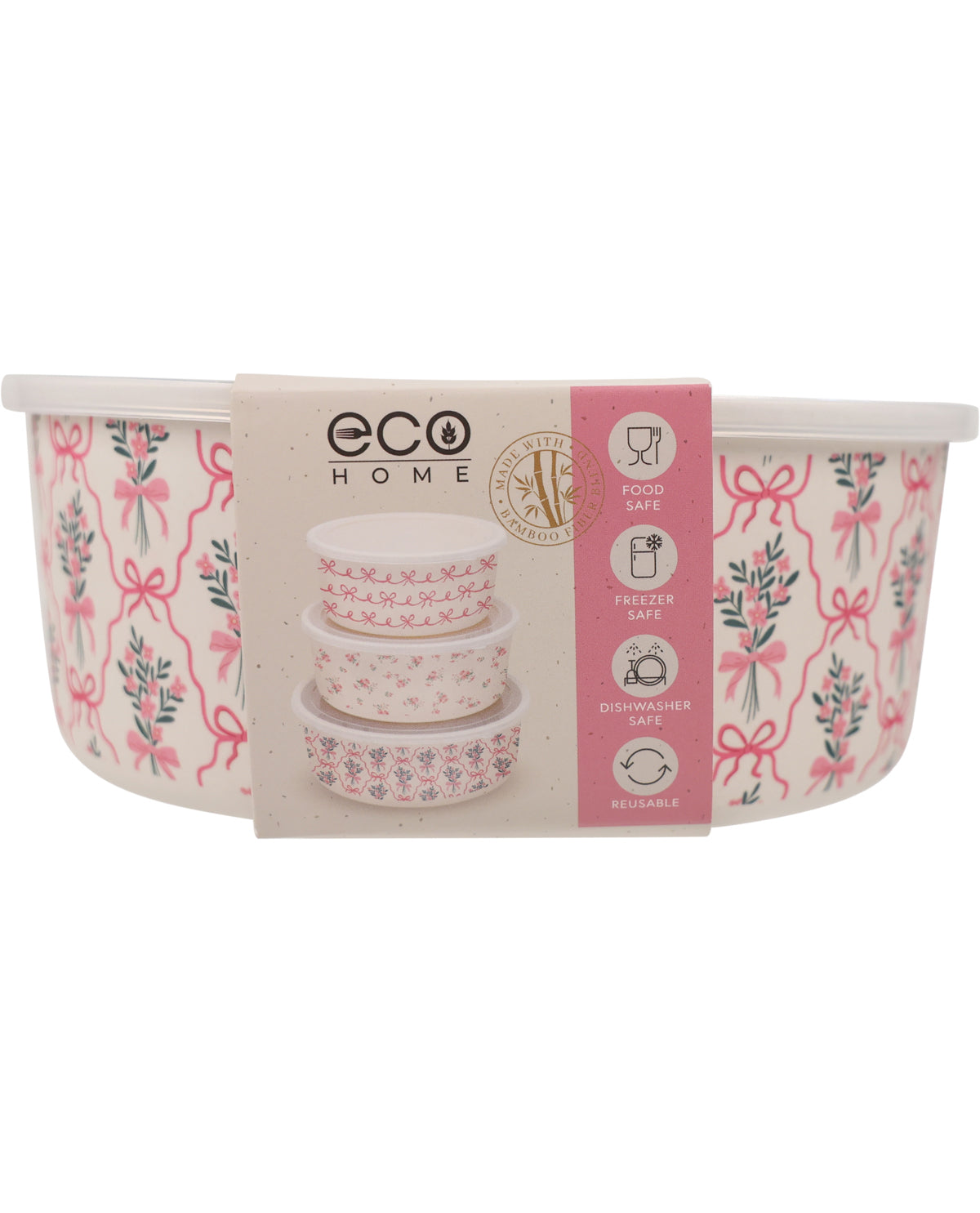 Eco Home round freezer-safe dishwashable storage containers with a pink and green floral/bow pattern, shown with a paper product band on a white background.