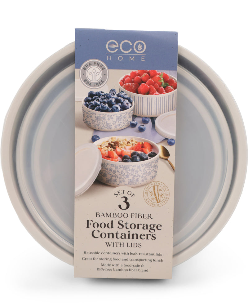 A set of three bamboo fiber food storage containers with lids by Eco Home, shown with their retail packaging card on a white background.
