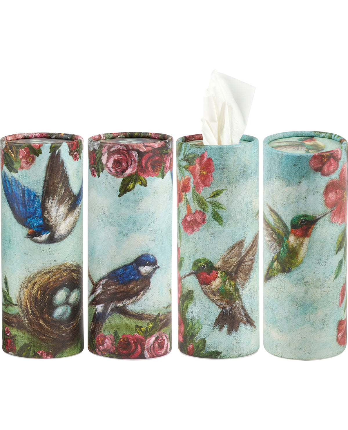 Set of four cylindrical tissue paper holders with bird and floral designs on a white background