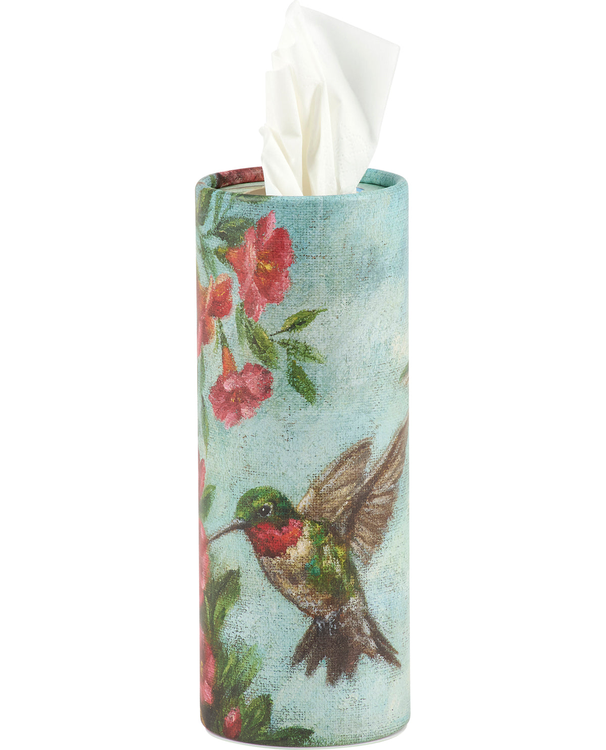 Tissue holder with hummingbird and floral design on a white background