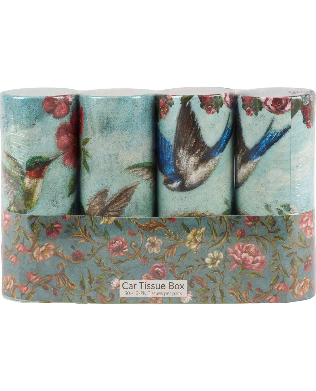 Set of floral and bird-themed tissues in a box on a white background