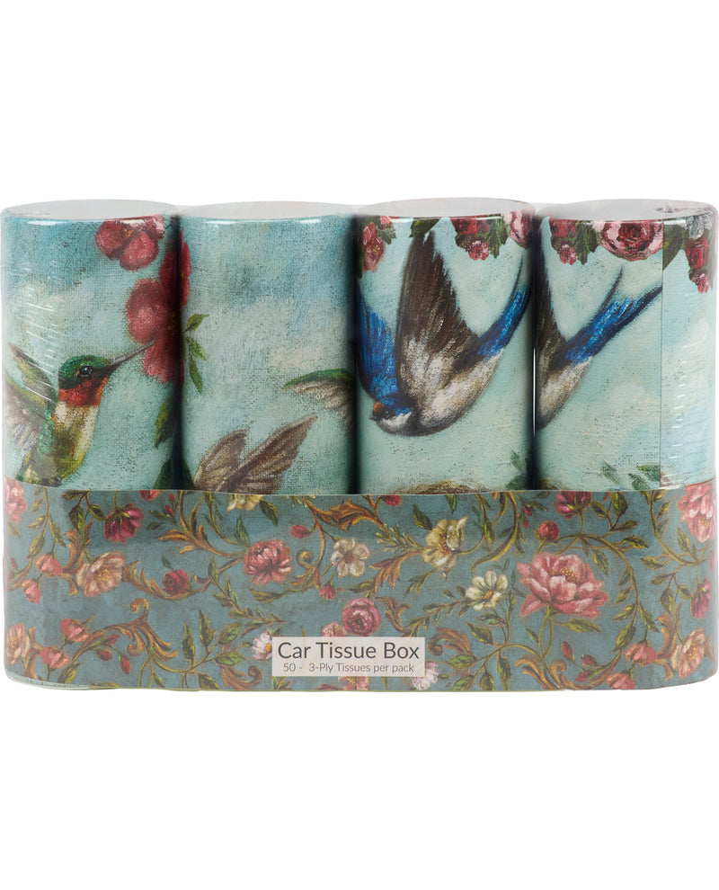Set of floral and bird-themed tissues in a box on a white background