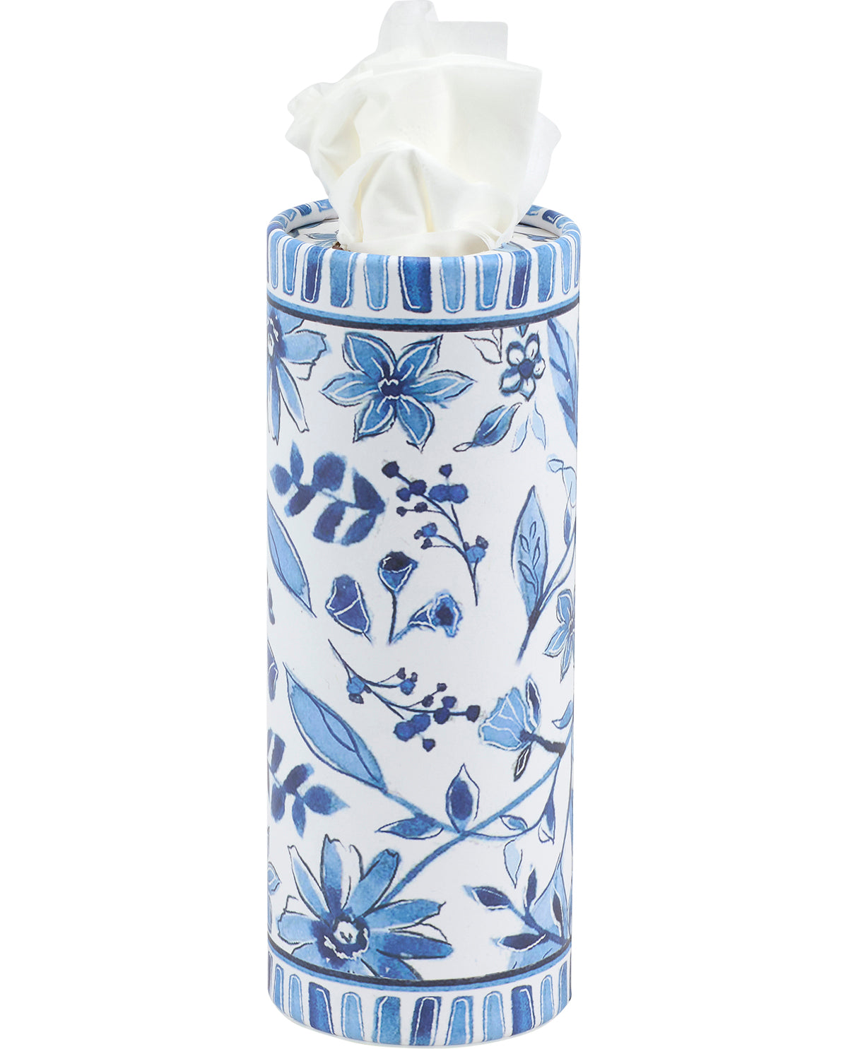 Tissue holder with blue floral design on a white background