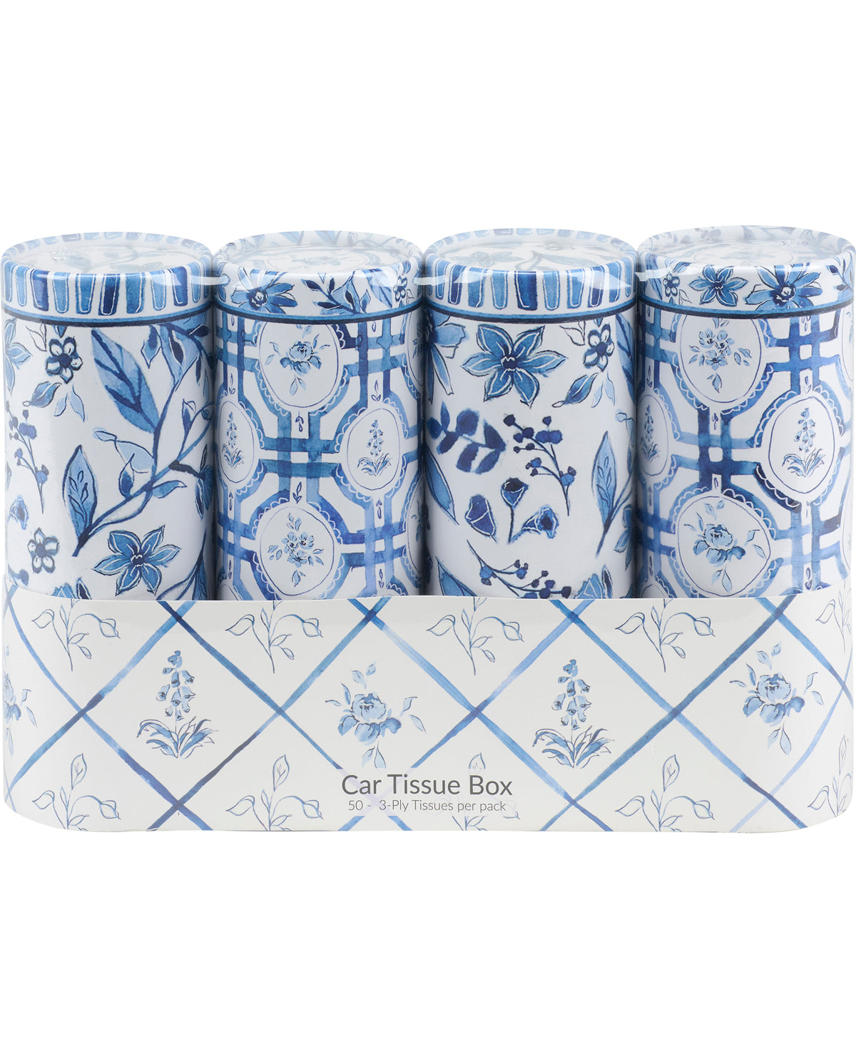 Set of blue and white patterned tissue boxes on a white background