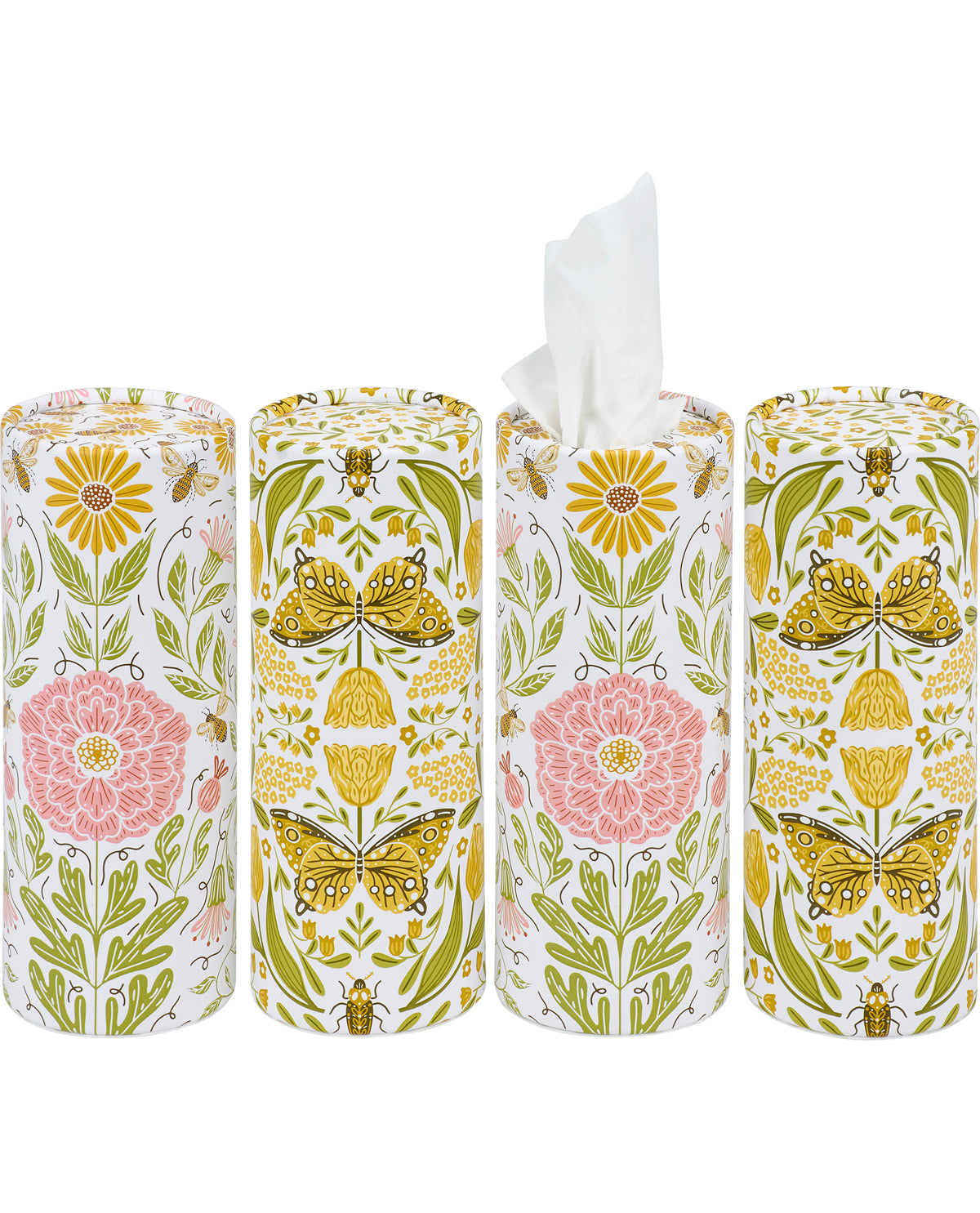 Four cylindrical tissue paper holders with floral and butterfly designs on a white background