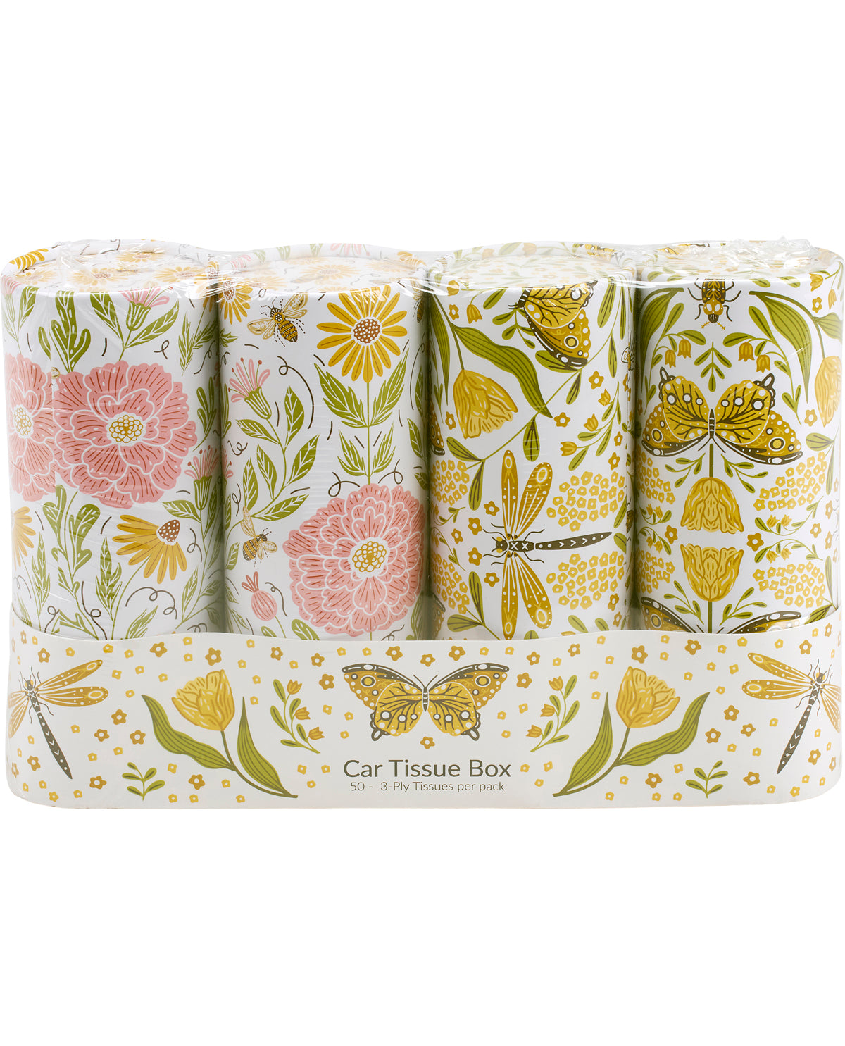 Pack of floral and butterfly-patterned tissues on a white background