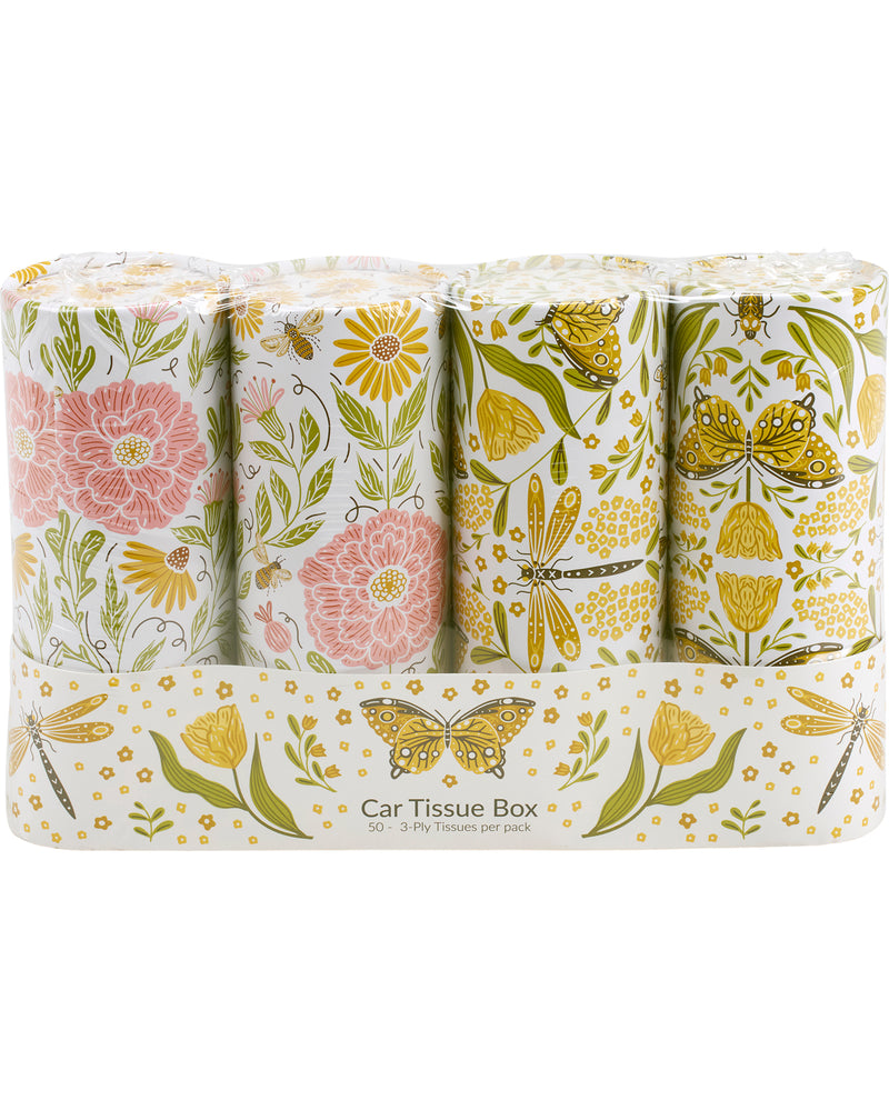 Pack of floral and butterfly-patterned tissues on a white background