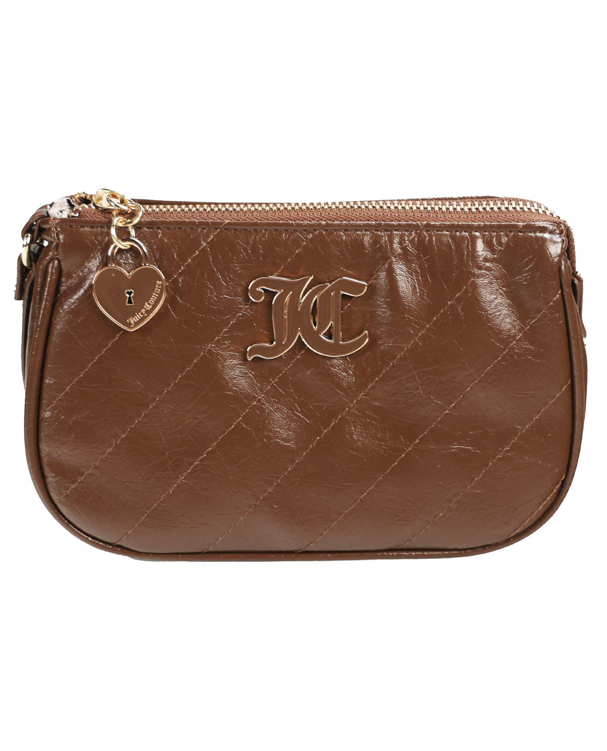 A brown quilted leather pouch with a gold-tone metal zipper, a gold-tone 'JC' logo on the front, and a dangling heart-shaped charm engraved with 'JC' and 'Jewel-Crown', shown against a plain white background.