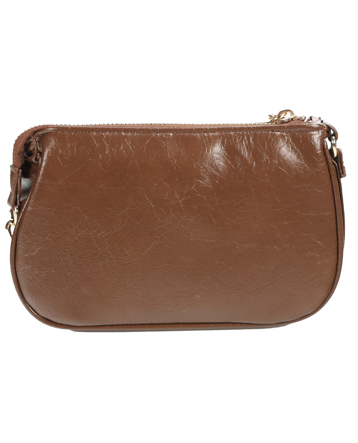 A brown faux-leather crossbody clutch bag with a top zipper closure and gold-tone hardware, shown against a plain white background.