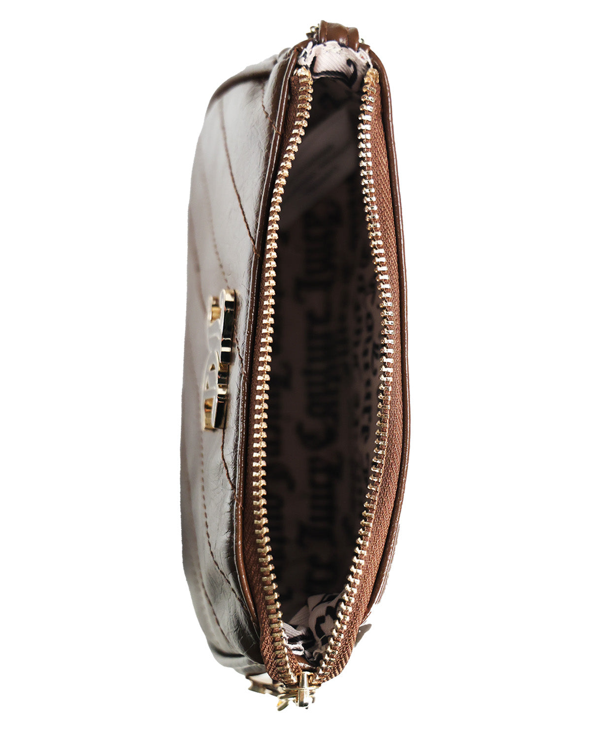 A close-up of a brown leather clutch bag shown open, displaying its interior lining and gold-tone zipper hardware against a plain white background.