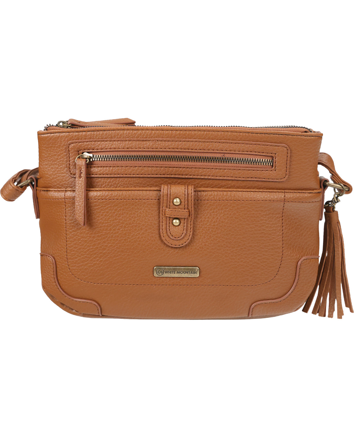 A tan pebbled faux-leather crossbody bag with a top zip closure, a front zip pocket, a vertical strap detail with a snap button, and a tassel accent on the side, shown against a plain white background.