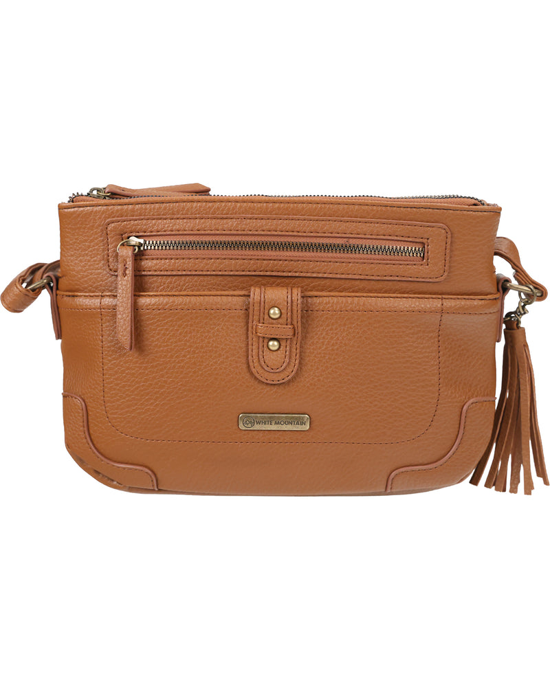 A tan pebbled faux-leather crossbody bag with a top zip closure, a front zip pocket, a vertical strap detail with a snap button, and a tassel accent on the side, shown against a plain white background.
