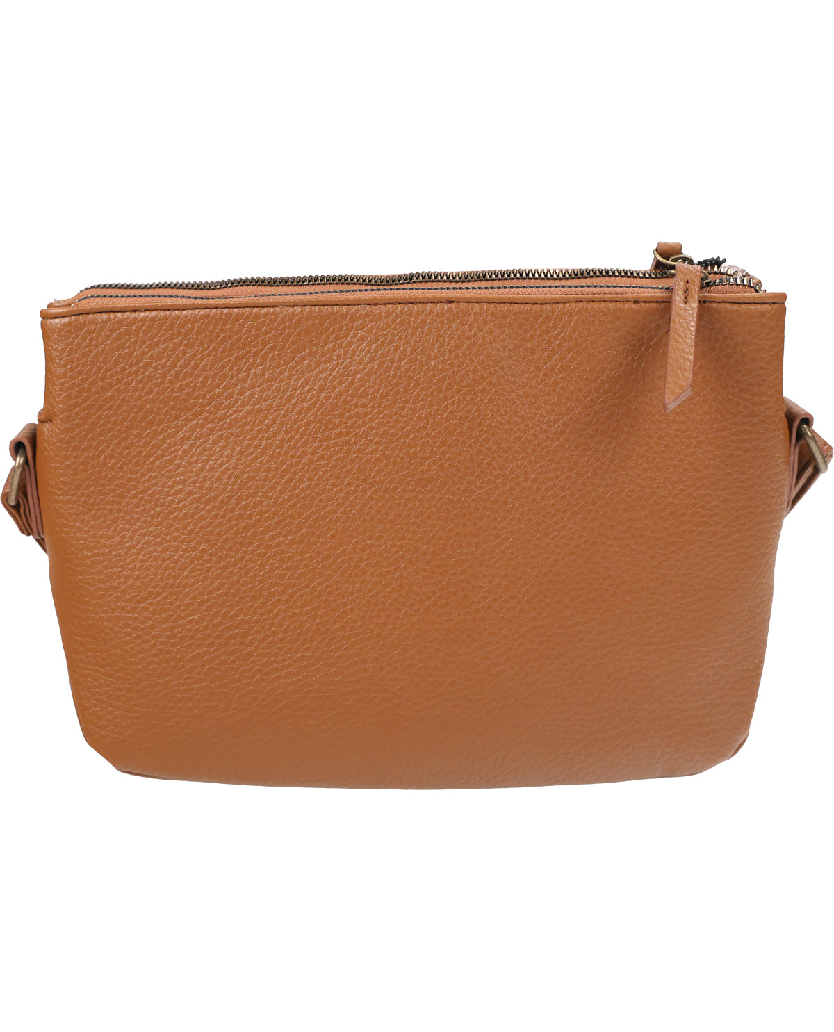 A tan pebbled leather crossbody bag with a top zipper closure and a matching leather zipper pull, shown against a plain white background.