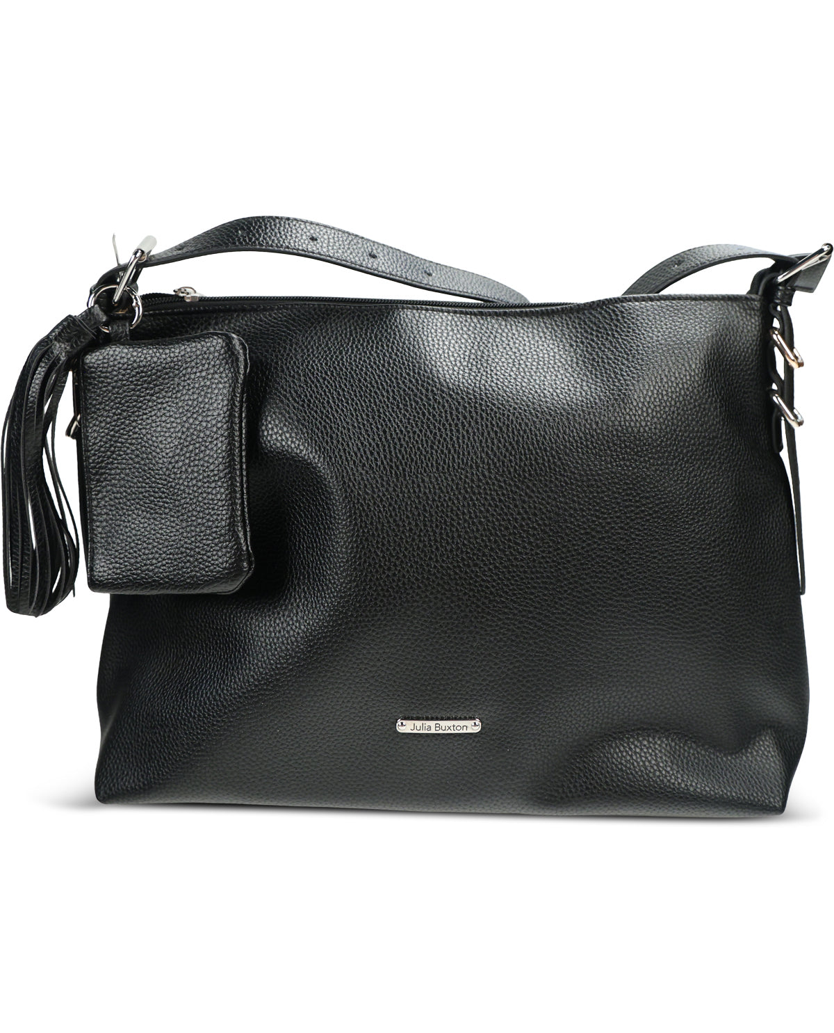 A black pebbled leather shoulder bag with a matching tassel detail and a small front pouch, shown on a plain white background.