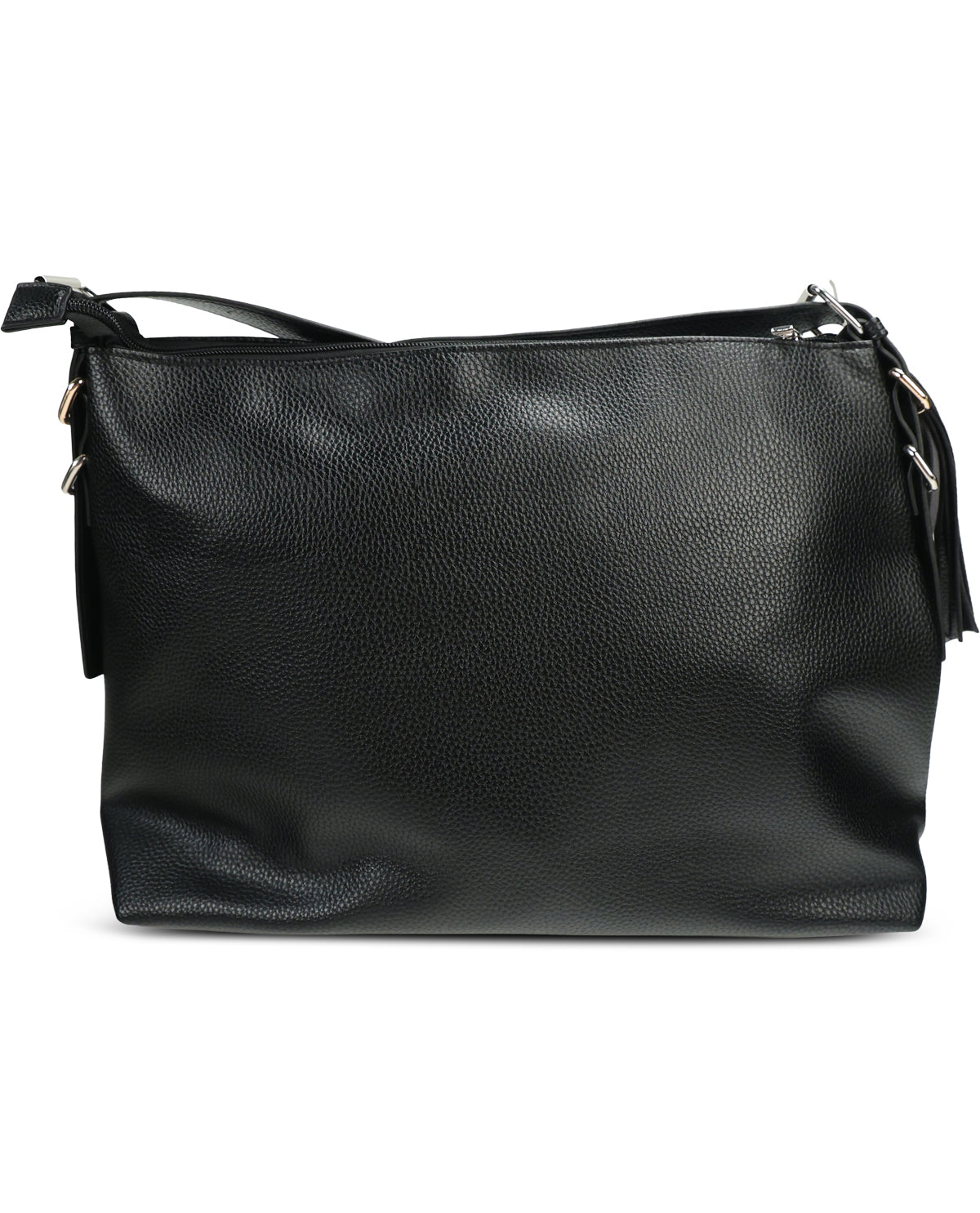 A black pebbled leather shoulder bag with a top zipper, side zipper, and tassel details, shown against a plain white background.