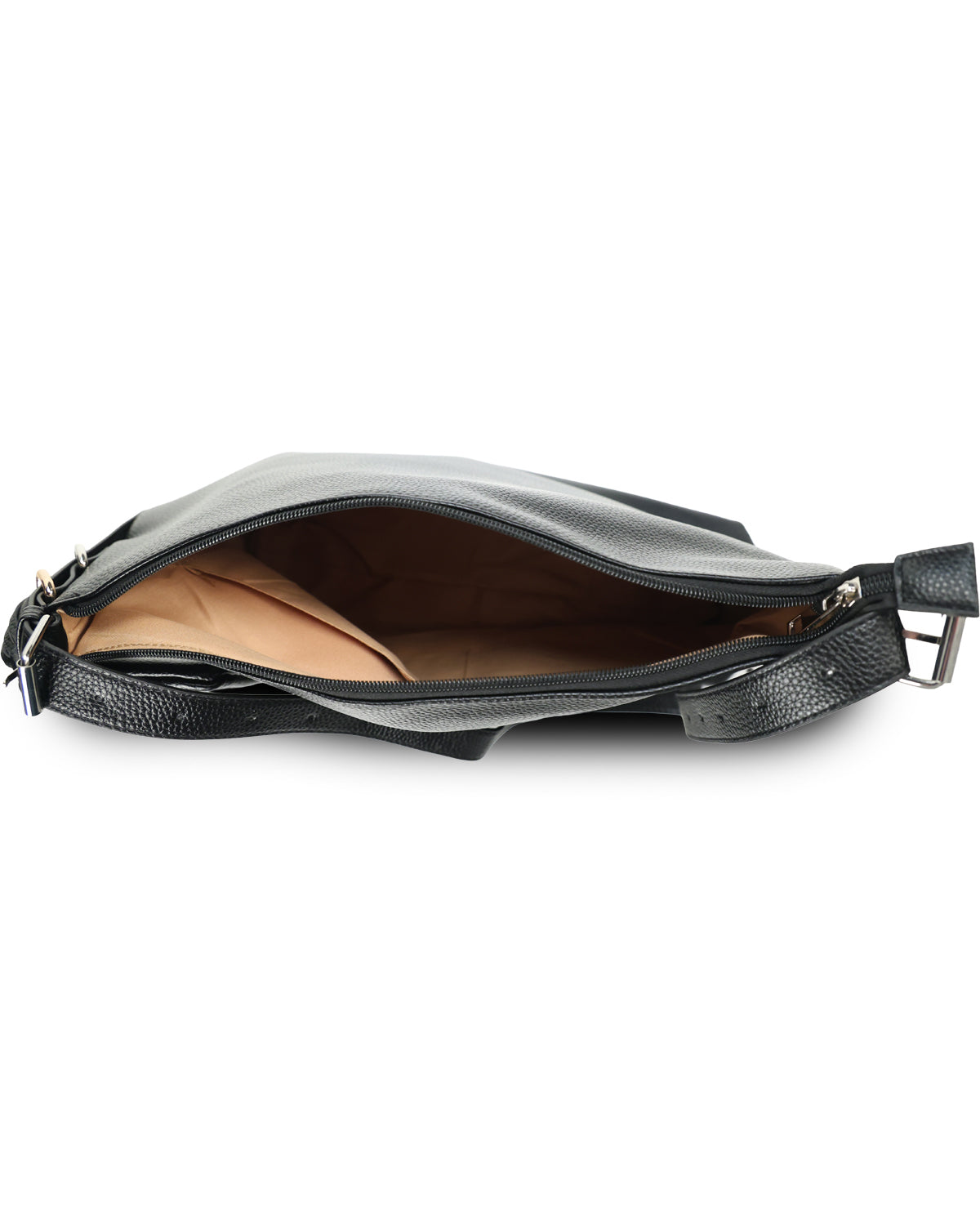 A black textured leather crossbody bag shown open from a side profile view, displaying a tan interior lining and silver-tone hardware on a plain white background.