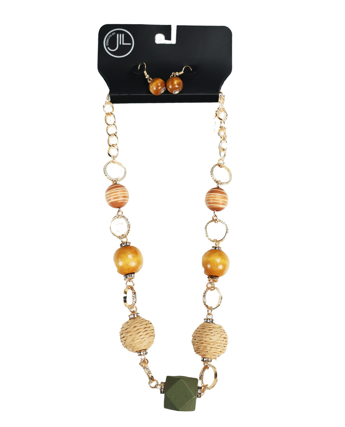 A gold-tone beaded necklace with wooden beads, orange marbled beads, woven round accents, and a green faceted bead, displayed on a black jewelry card with a JL logo.