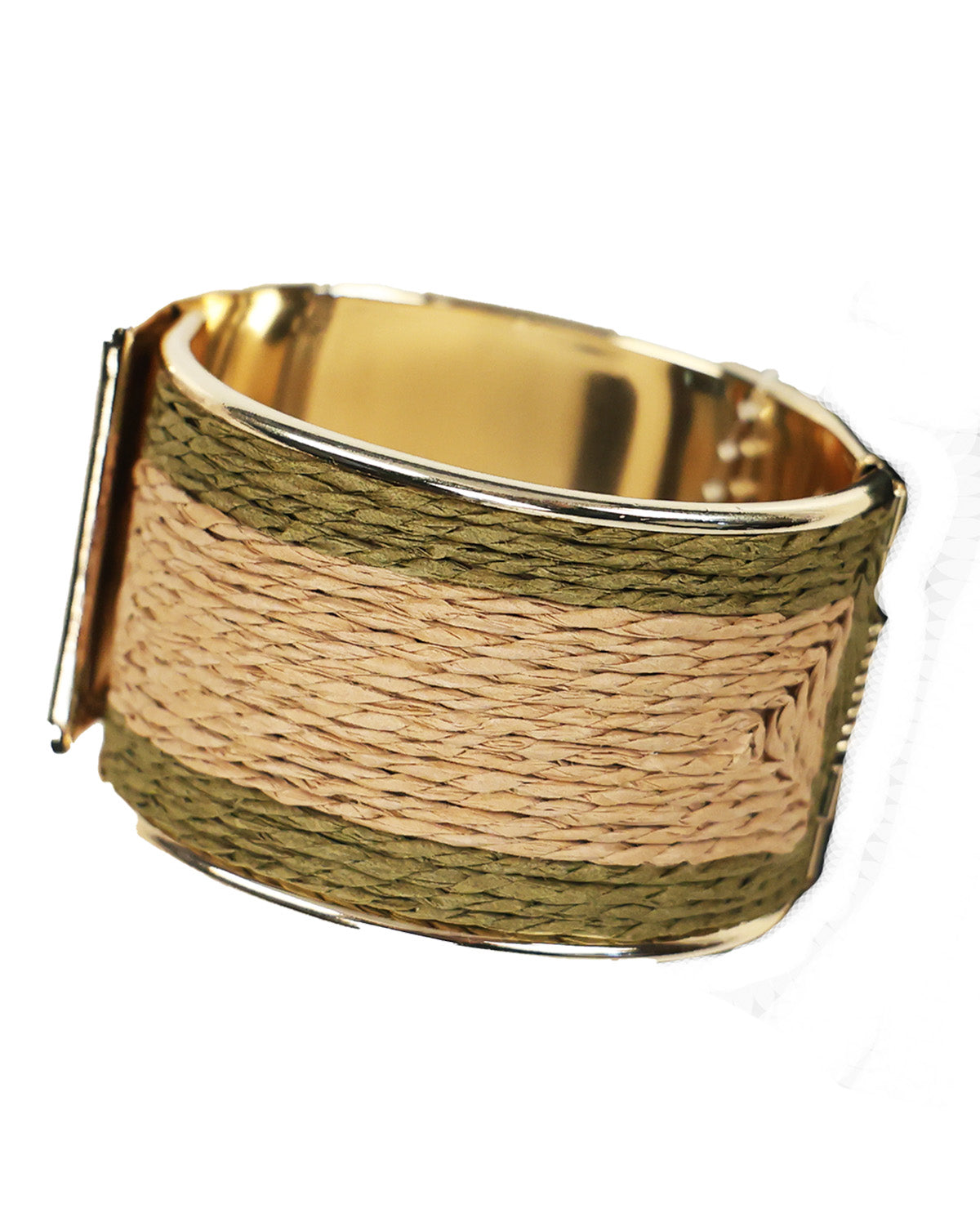 A wide gold-tone cuff bracelet featuring horizontal bands of woven natural straw and olive green raffia, shown on a plain white background.