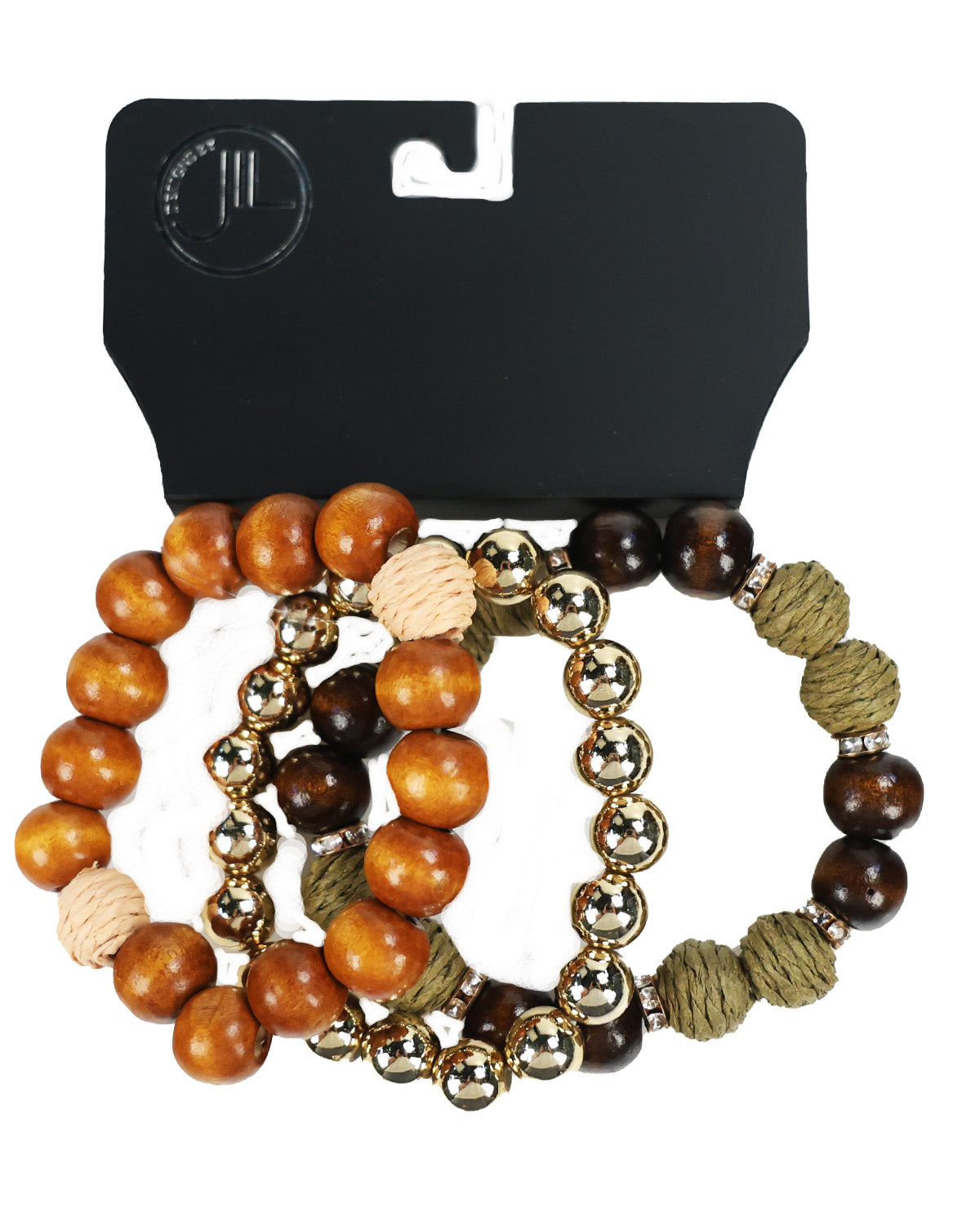 Three beaded stretch bracelets displayed on a black retail card. The bracelets feature round wooden beads in light brown, dark brown, and olive green, accented with metallic gold spacers and textured beige rope beads.