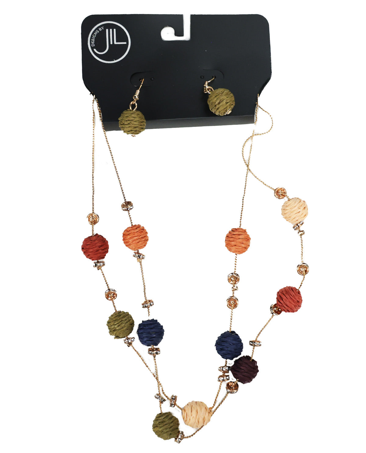 A multi-piece jewelry set featuring a long beaded necklace and matching drop earrings on a black display card. The jewelry features textured, woven circular beads in earthy tones of rust red, orange, olive green, navy blue, cream, and dark purple, suspended on gold-toned chains.