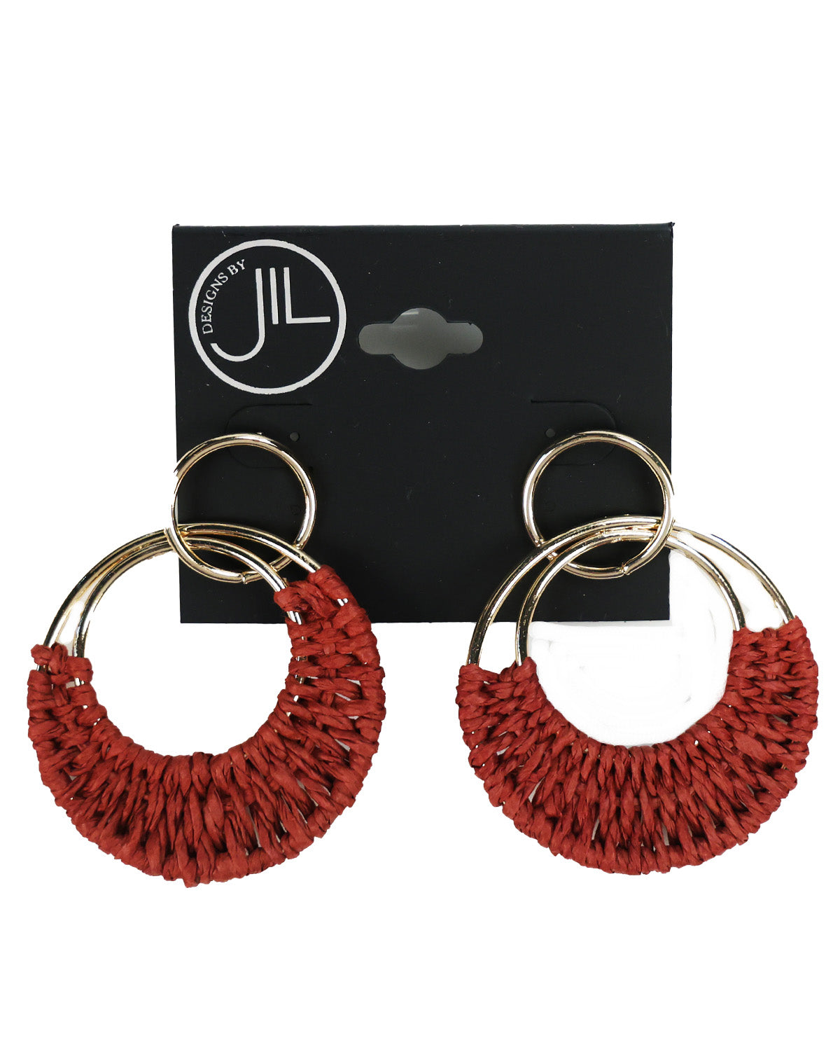 A pair of JIL fashion jewelry earrings featuring textured red woven fringe on semi-circular hoops with gold-tone metal rings, displayed on a black JIL brand card against a white background.