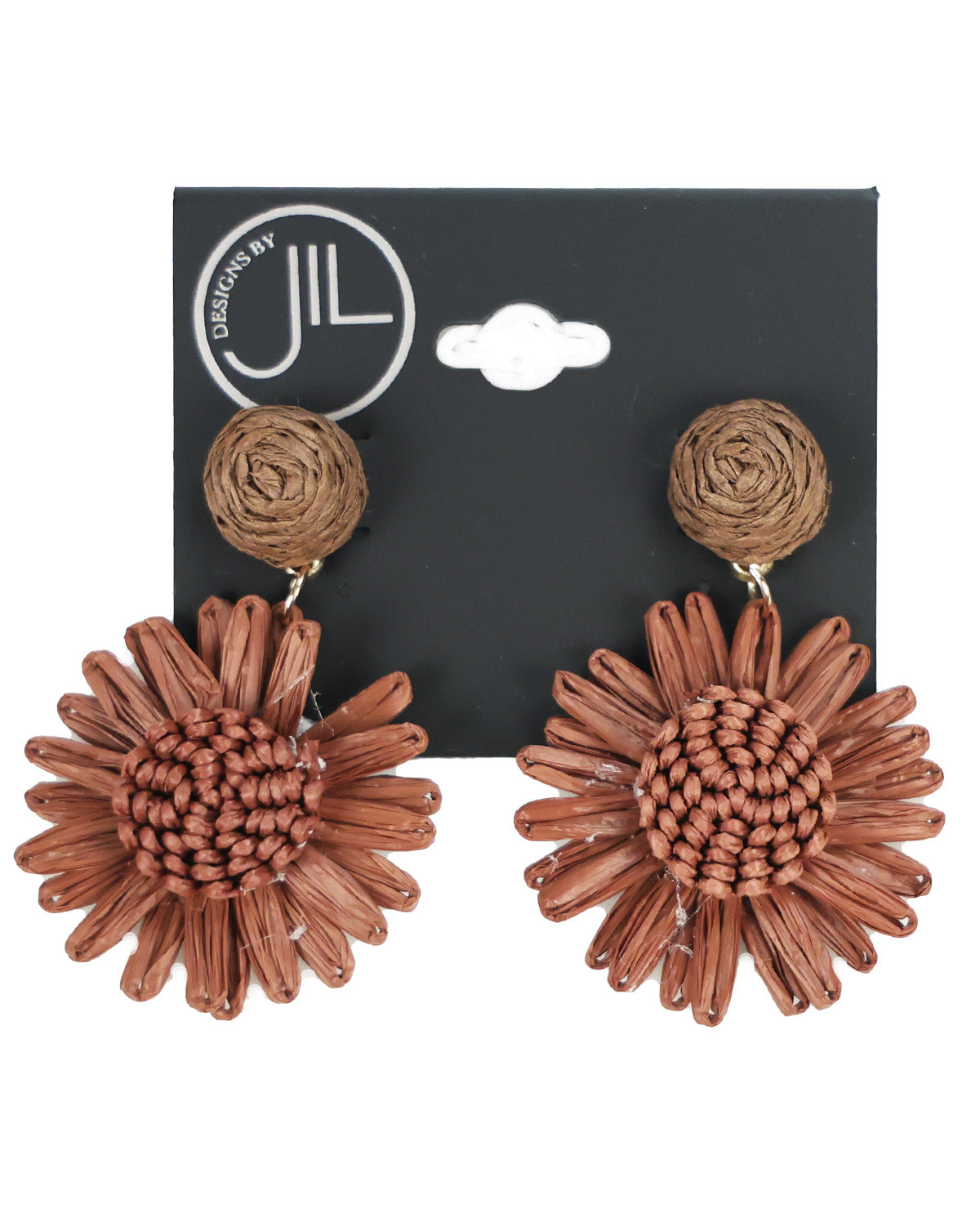 A pair of Discovery by JIL woven straw dangle earrings shaped like sunflowers, displayed on a black brand card against a white background.