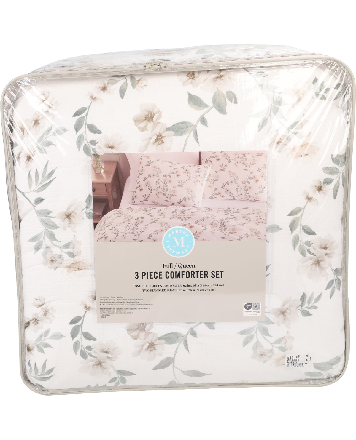 3-piece floral comforter set packaging on a white background
