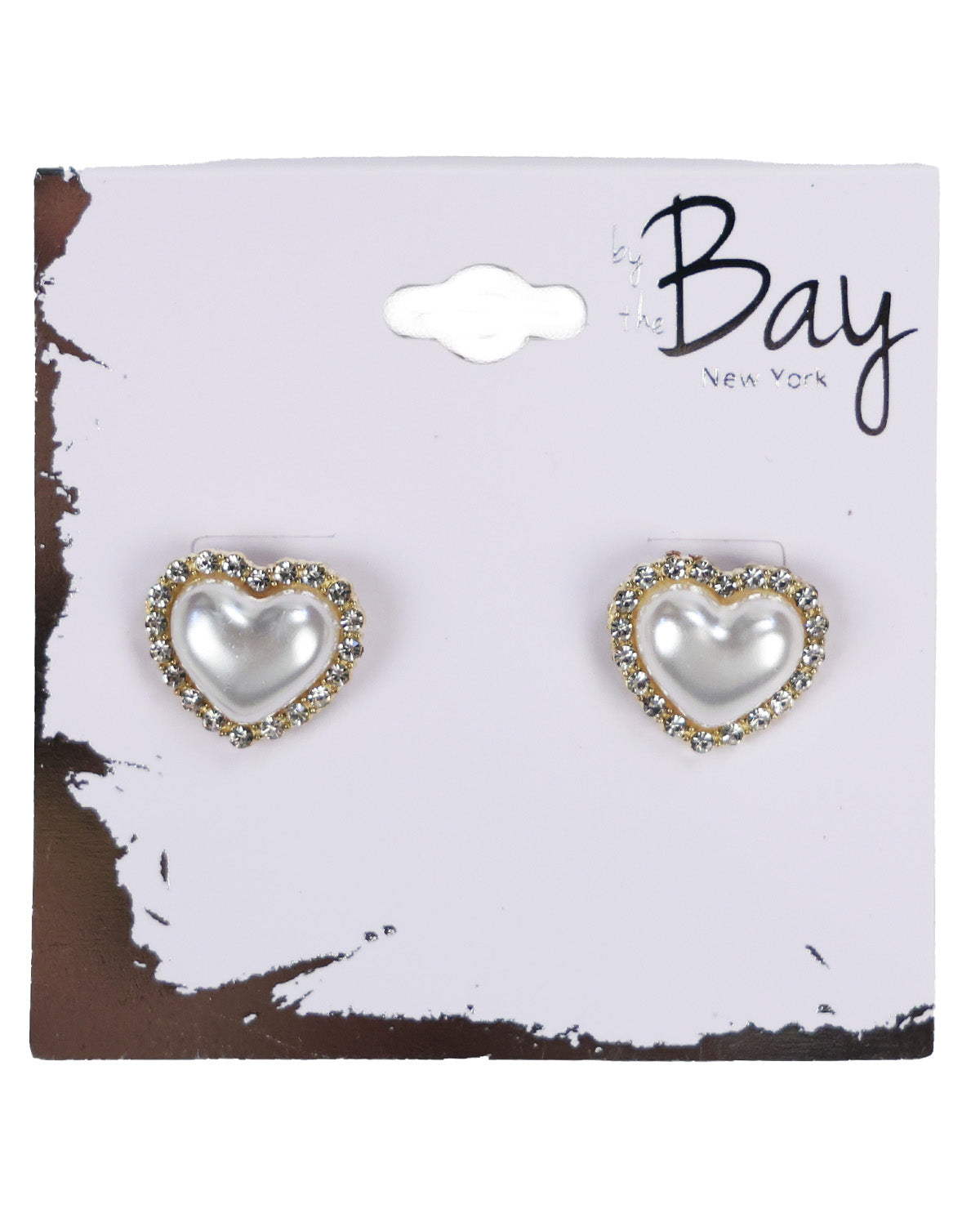 A pair of heart-shaped stud earrings with white faux pearls surrounded by gold and clear rhinestones, displayed on a white card with a brown distressed border. The card features the brand name 'Bay New York'.