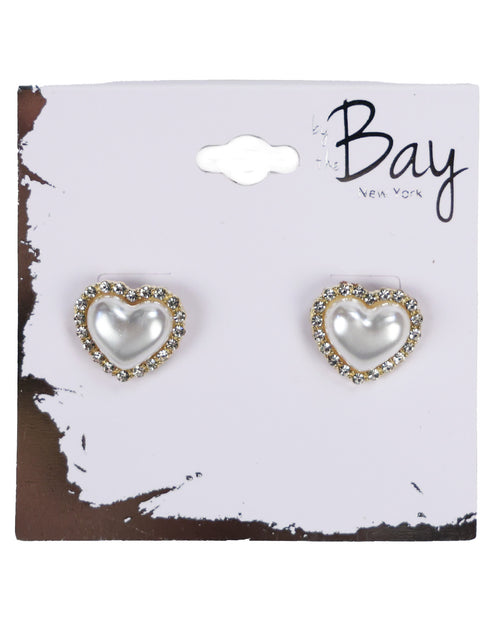 A pair of heart-shaped stud earrings with white faux pearls surrounded by gold and clear rhinestones, displayed on a white card with a brown distressed border. The card features the brand name 'Bay New York'.
