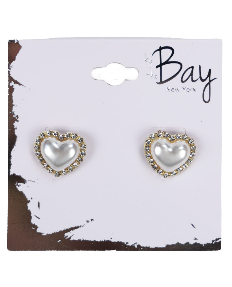 A pair of heart-shaped stud earrings with white faux pearls surrounded by gold and clear rhinestones, displayed on a white card with a brown distressed border. The card features the brand name 'Bay New York'.
