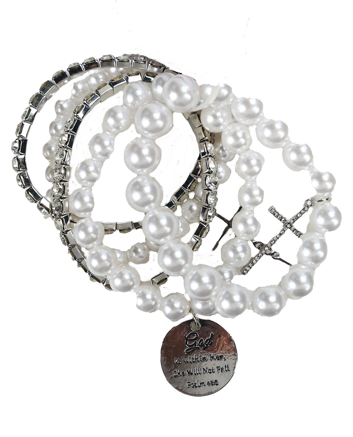 A stack of beaded stretch bracelets featuring white faux pearls, silver-toned rhinestone bands, and a silver-toned cross charm with a round engraved medallion.
