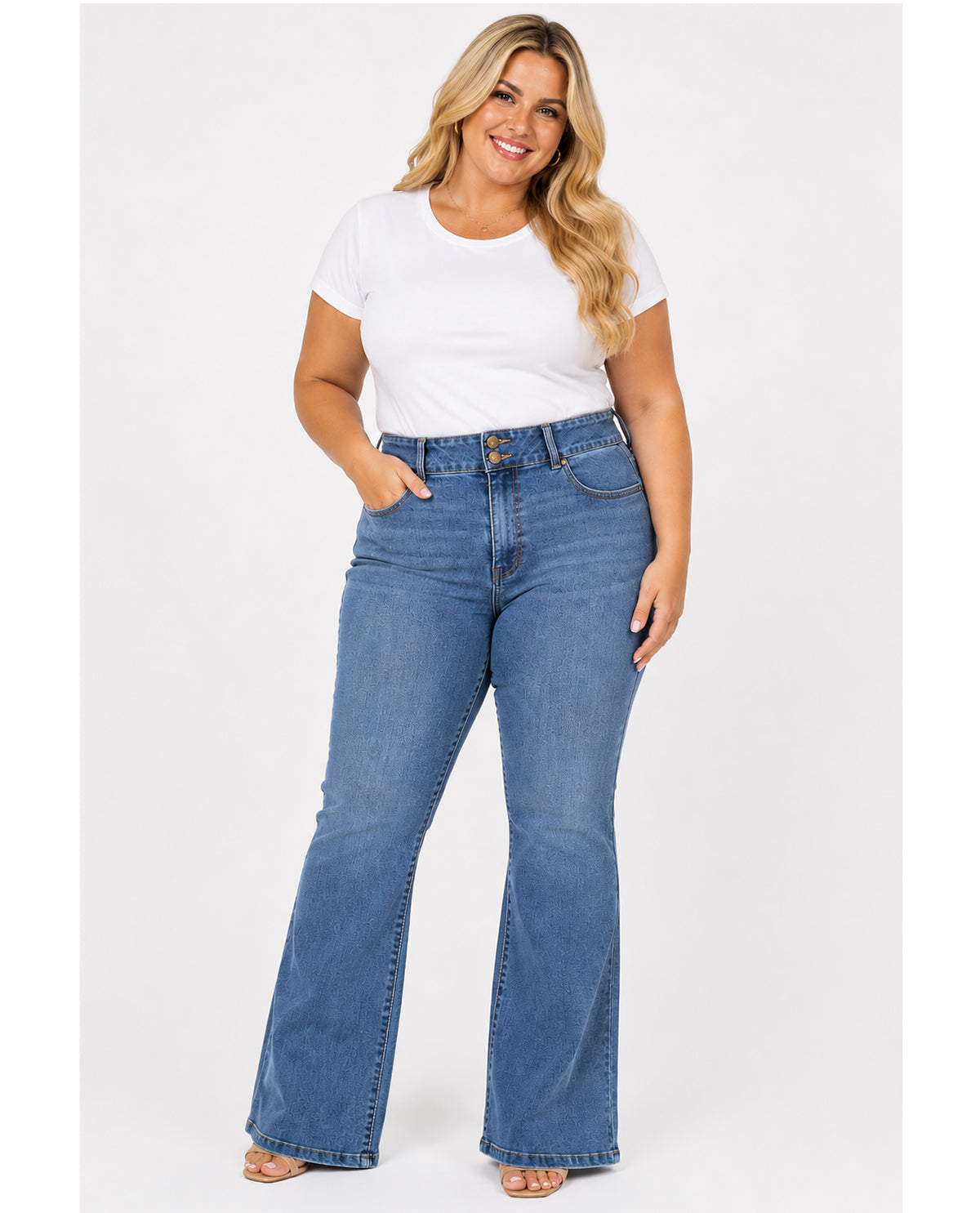 Woman wearing blue jeans and a white t-shirt on a white background