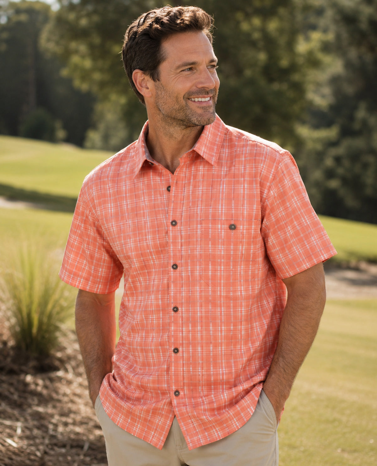 Lands End Short Sleeve Performance Plaid Shirt