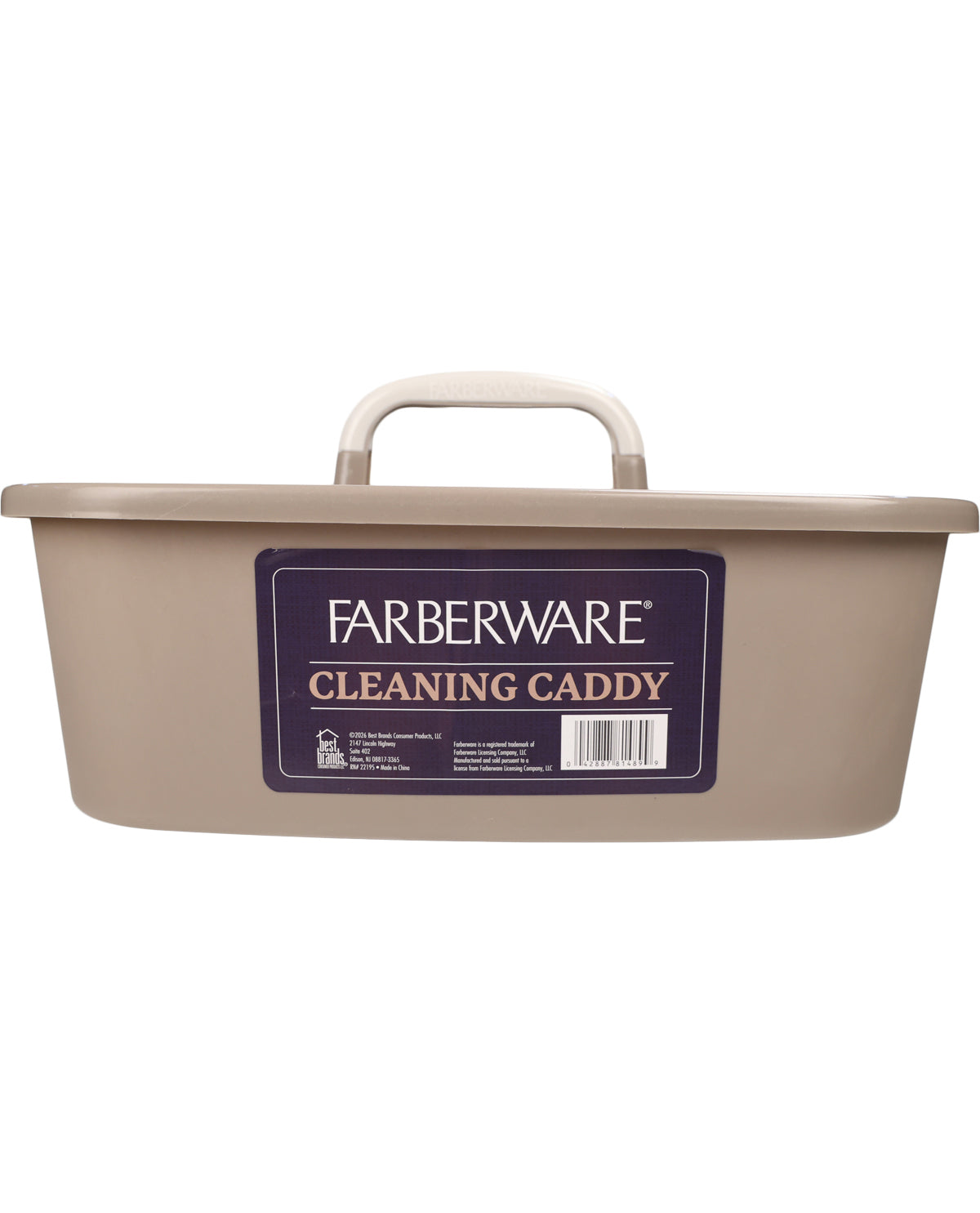 Farberware Cleaning Caddy in a beige plastic tub with a white handle and a dark purple label on the front.