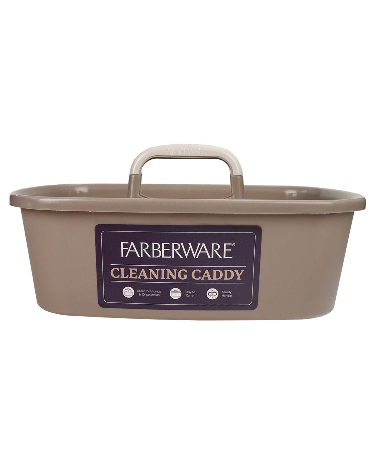 Farberware Cleaning Caddy in a taupe-brown plastic tub with a built-in handle and a dark purple label on the front.