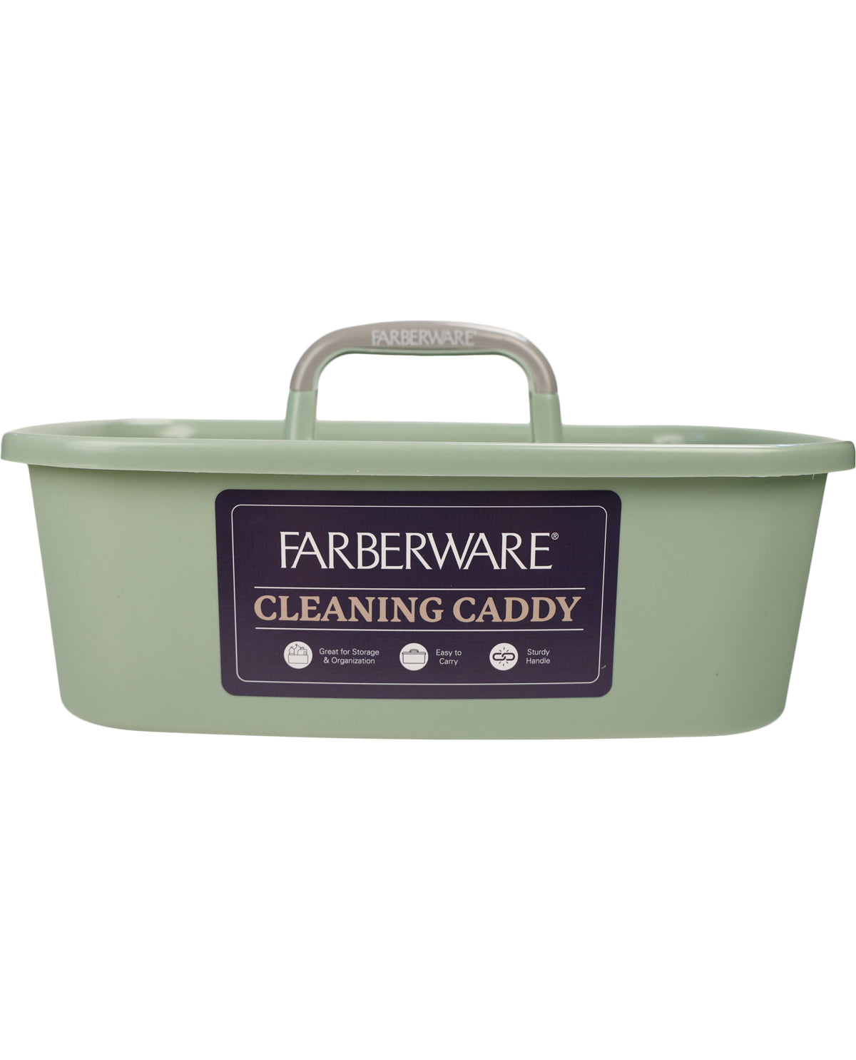 Farberware Cleaning Caddy in sage green plastic with a gray handle and a dark purple label on the front.