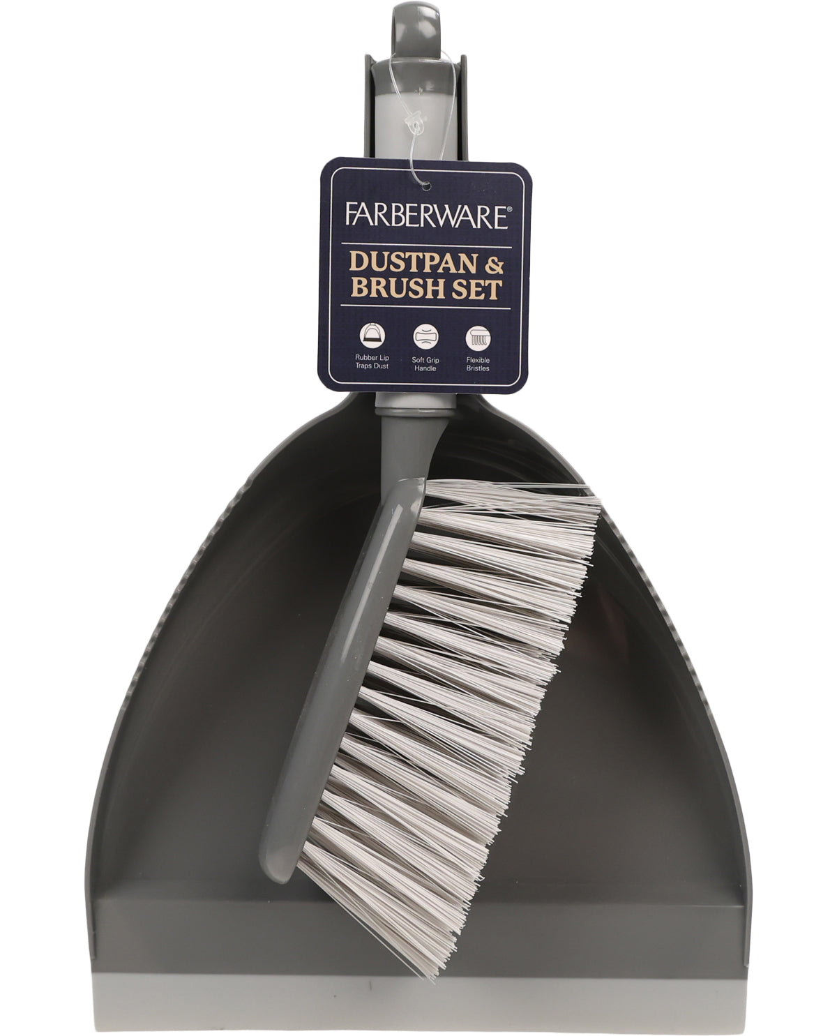 Farberware dustpan and brush set in gray, featuring a dark gray dustpan with white bristles and a matching gray handle, shown on a white background with the retail tag attached.