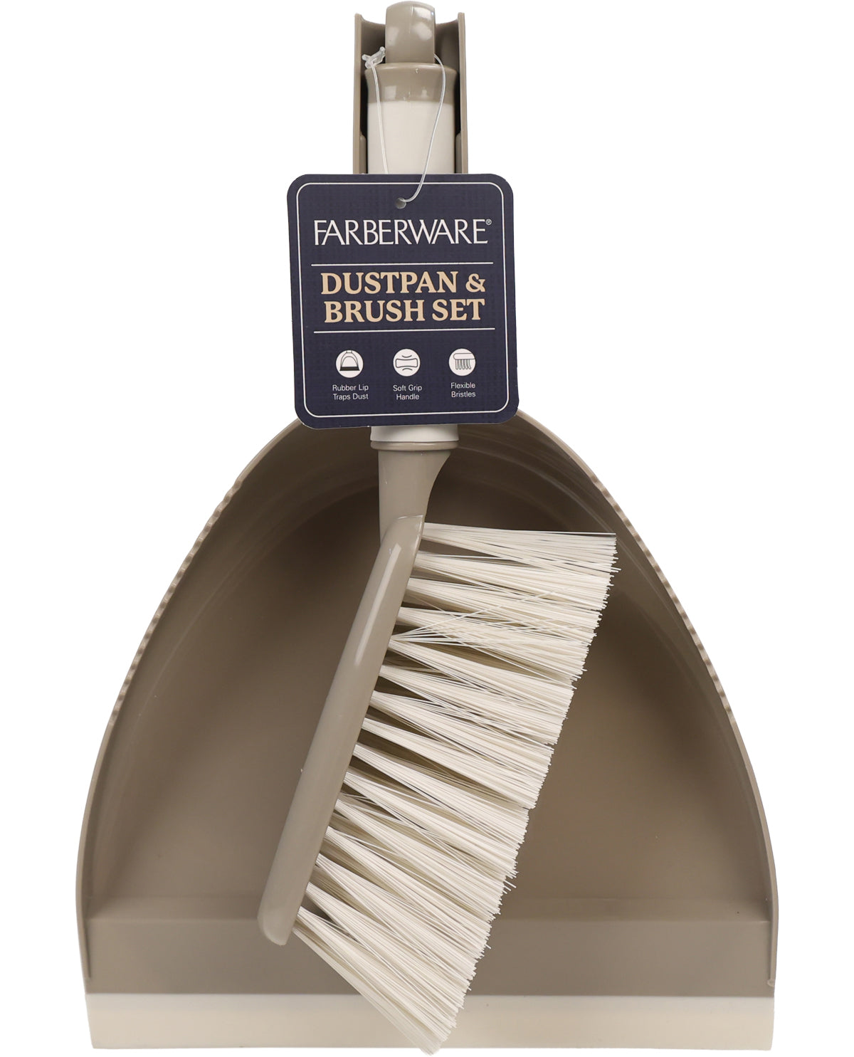 Farberware dustpan and brush set with a dark navy tag on the dustpan handle, photographed on a clean white background.