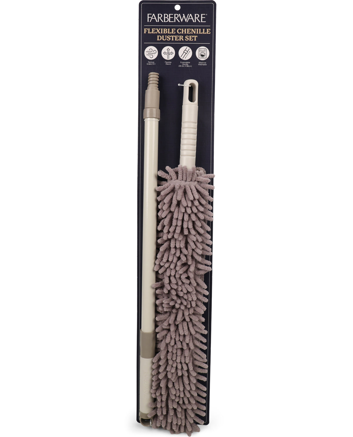Farberware Flexible Chewie Duster Set in a dark gray packaging sleeve, featuring a flexible microfiber duster and an extendable handle.