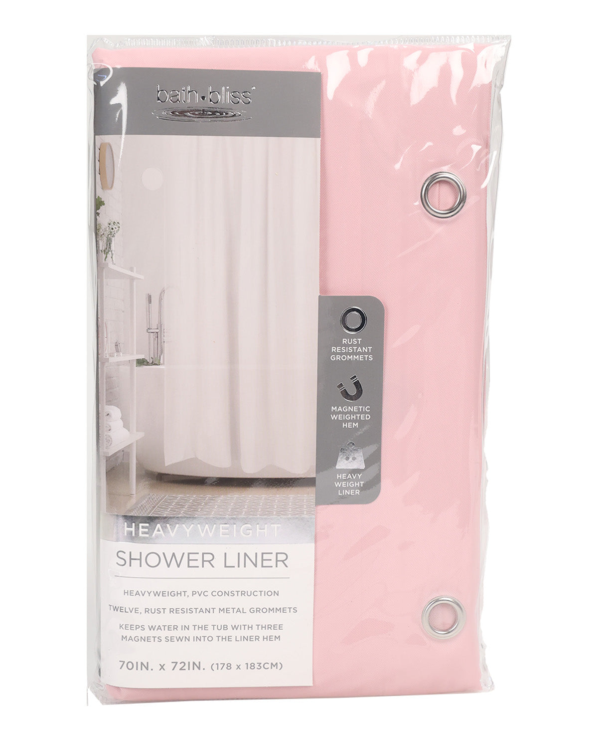 Pink shower liner packaging with product inside on a white background