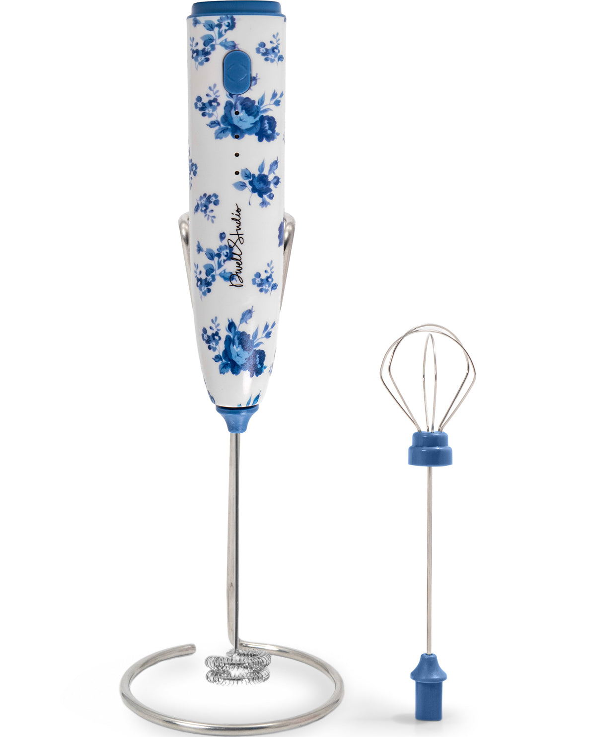 Handheld blender with floral design on a white background