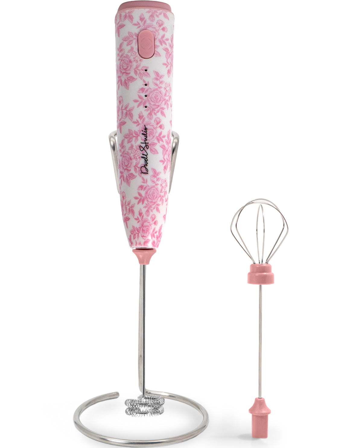 Pink floral-handled immersion blender with whisk attachment on a white background