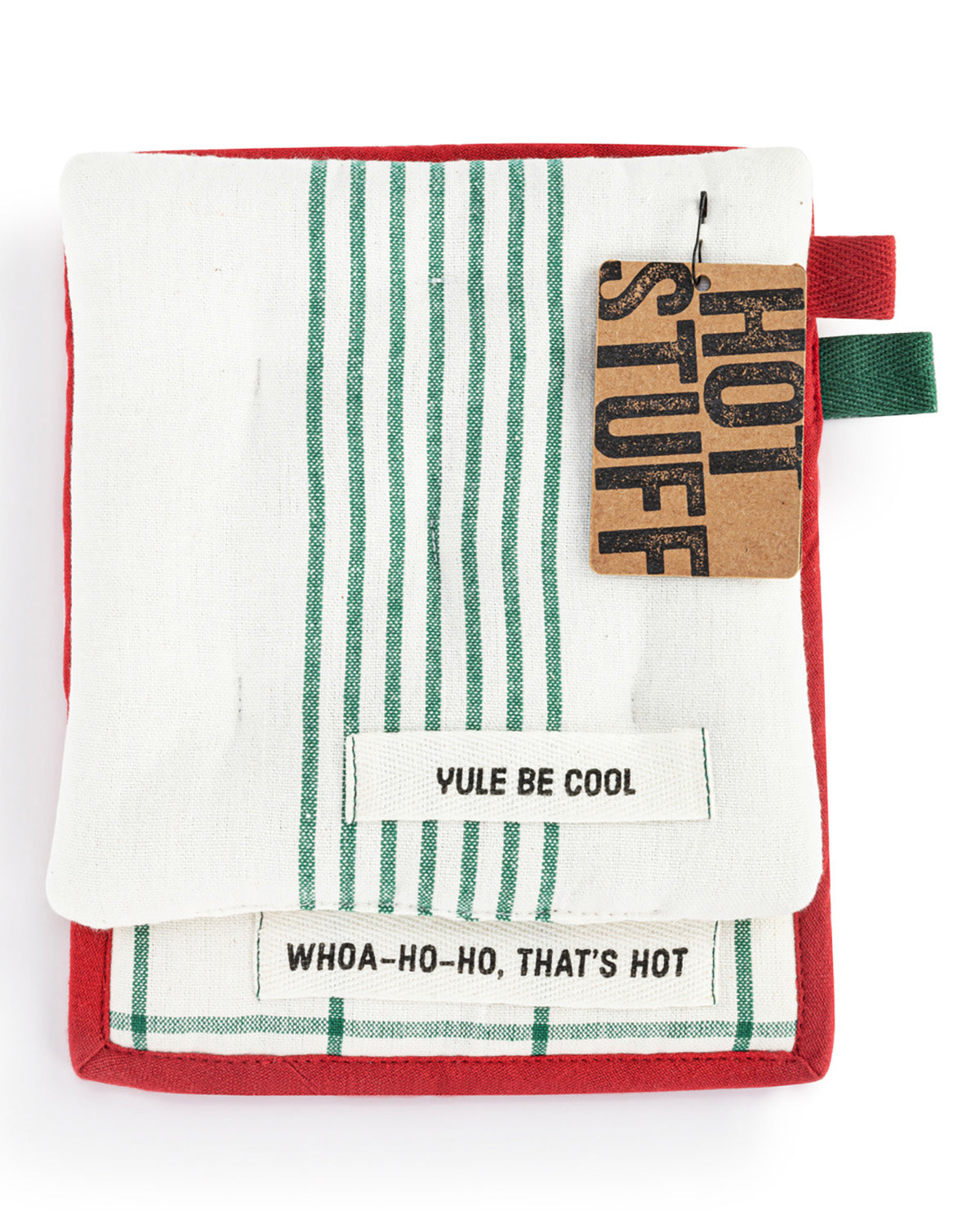 A stack of three kitchen towels or potholders with a red border, featuring green vertical stripes on the top and bottom pieces. The top piece has a brown paper tag that reads 'HOT STUFF' and a white label that says 'YULE BE COOL'.