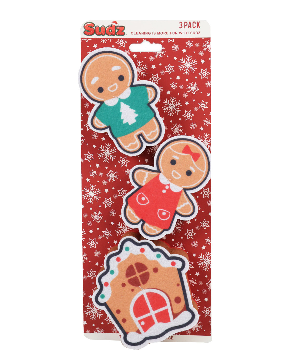 A 3-pack of Suds brand Christmas-themed cleaning sponges on a red snowflake-patterned backing card. The set includes gingerbread people and a gingerbread house.