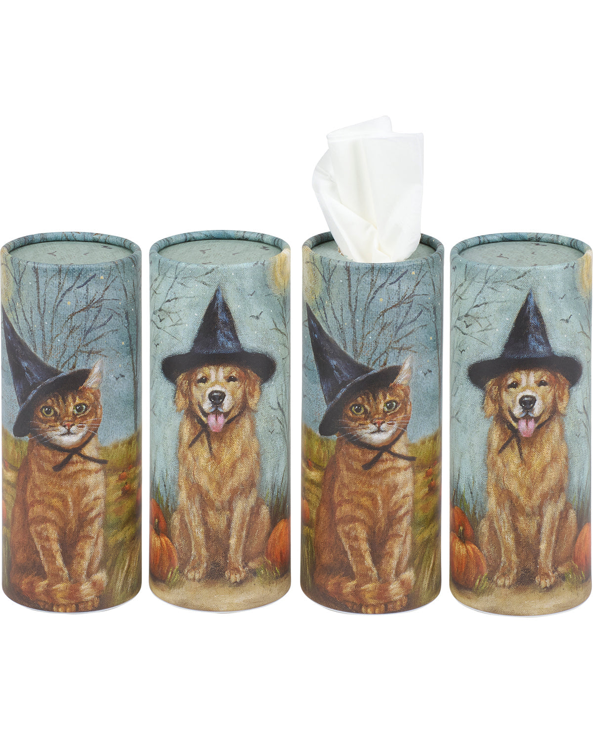 Set of four Halloween-themed tissue paper holders with cats and dogs wearing witch hats.