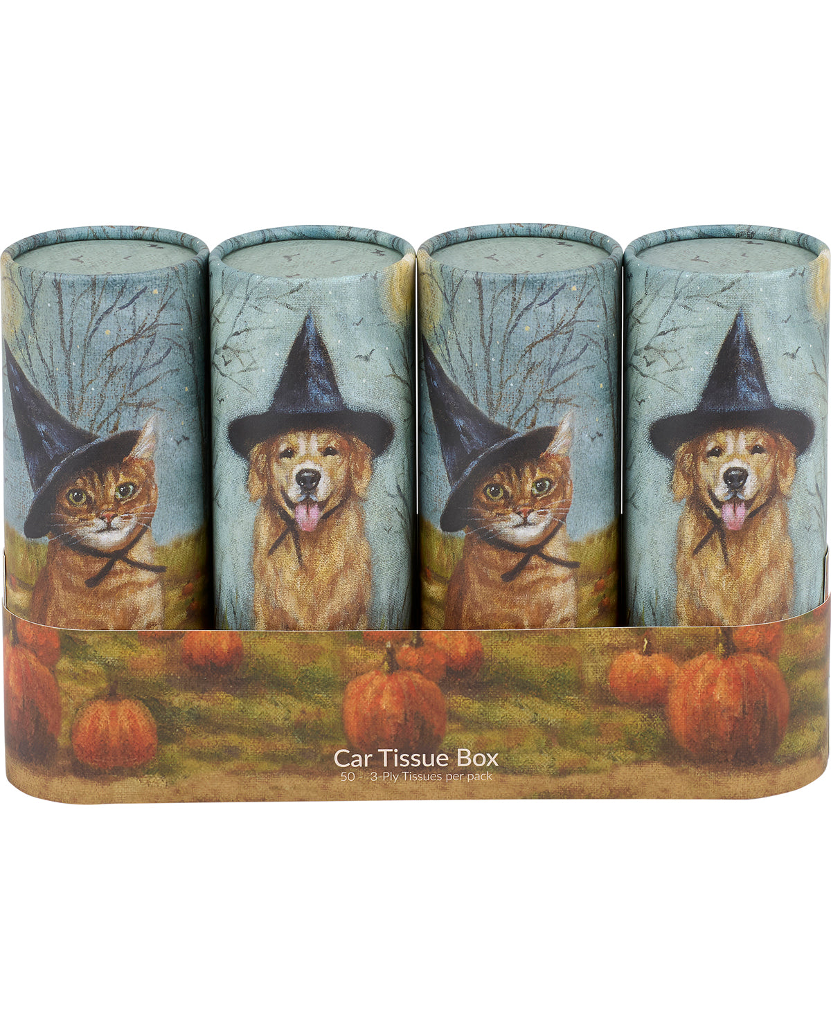 Car tissue box with Halloween-themed design featuring cats and dogs in witch hats.