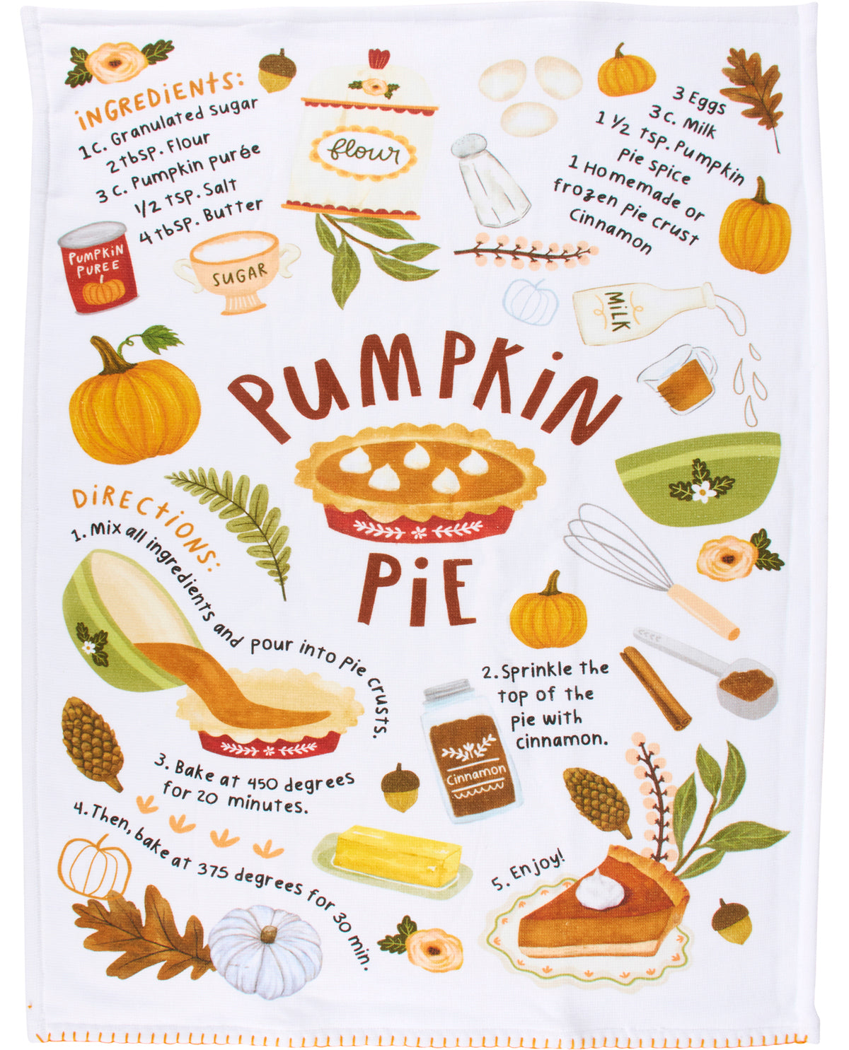 Tea towel with pumpkin pie recipe illustration and ingredients