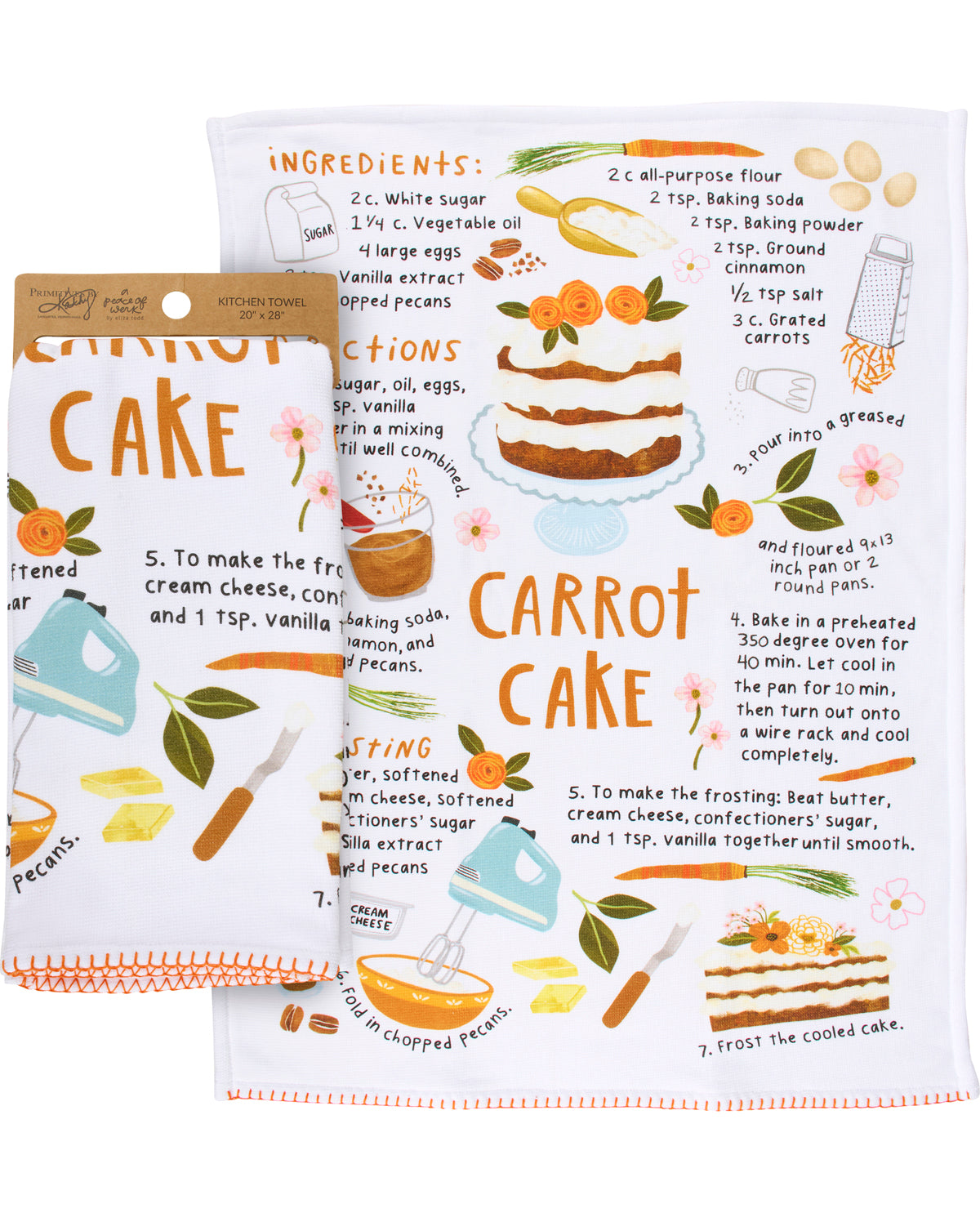 Carrot cake recipe towel with illustrations and text on a white background